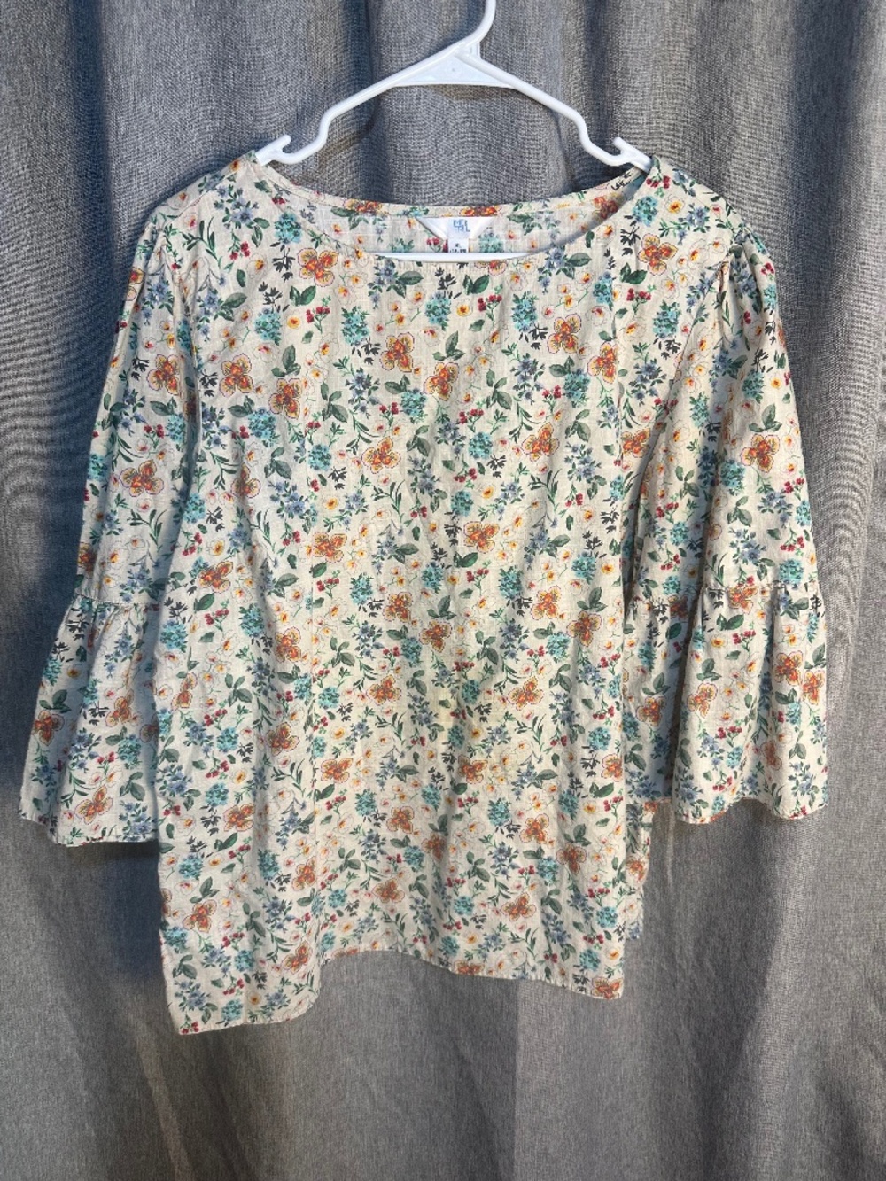 Time And Tru Pastel Floral Scoop Neck Ruffle Bell Sleeve Blouse Cream - XL